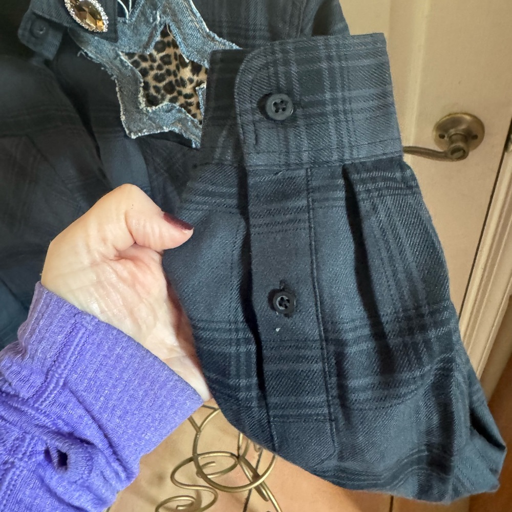 Suzy T Designs Grey Plaid Shirt with Star Patches - Picture 2 of 6